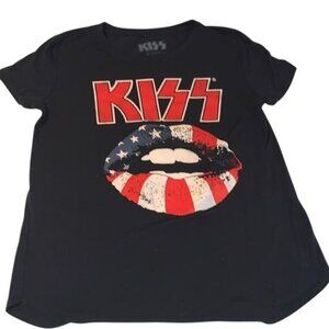 KISS Womens Black Graphic T-Shirt With American Flag Lips Design Size S